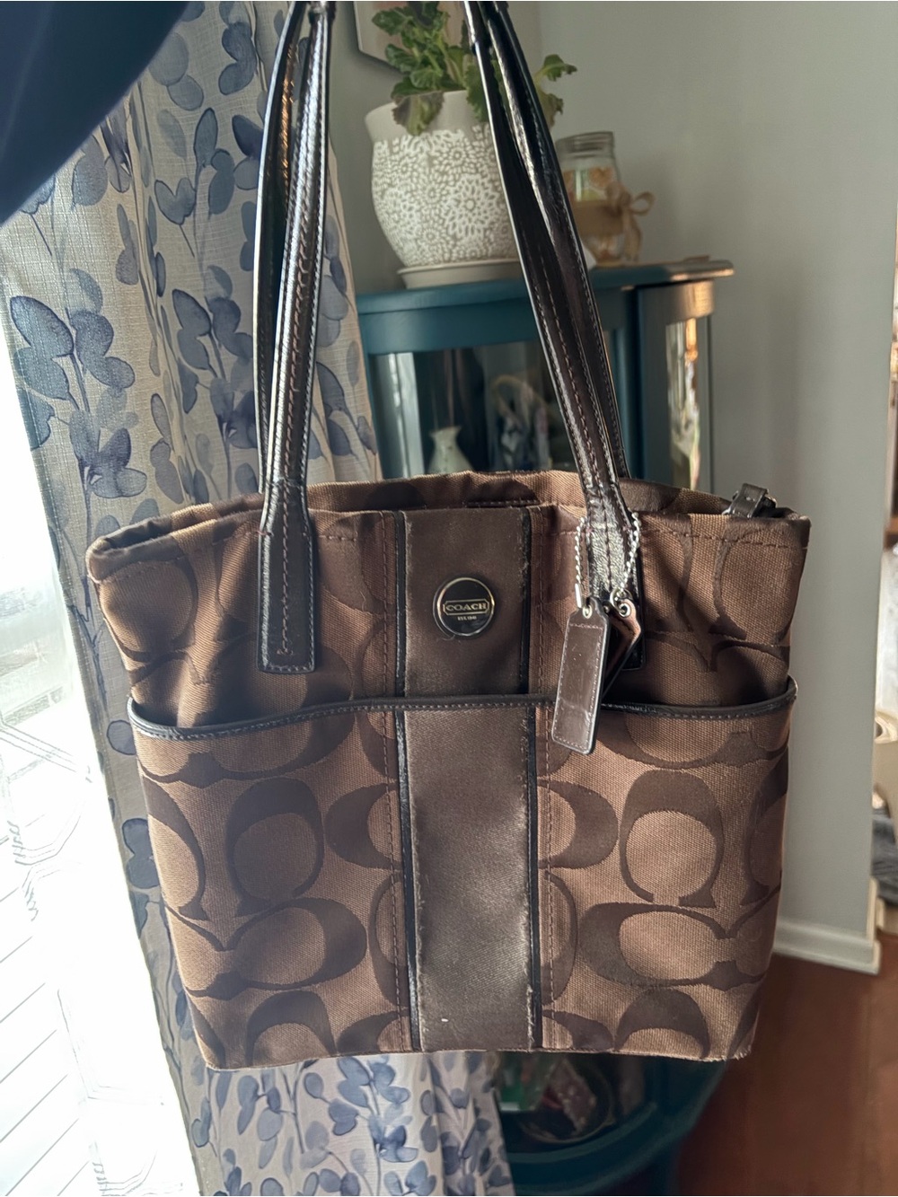 Coach Brown Signature Jacquard Tote with Leather Trim